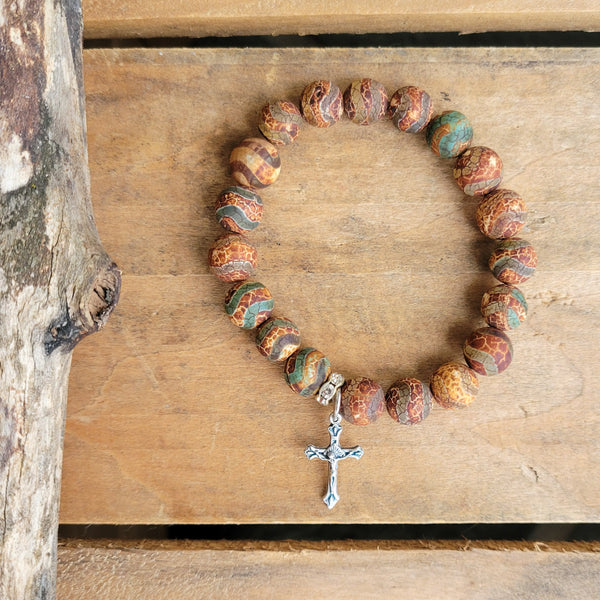 10mm green brown rough agate beads stretch bracelet w mini crucifix