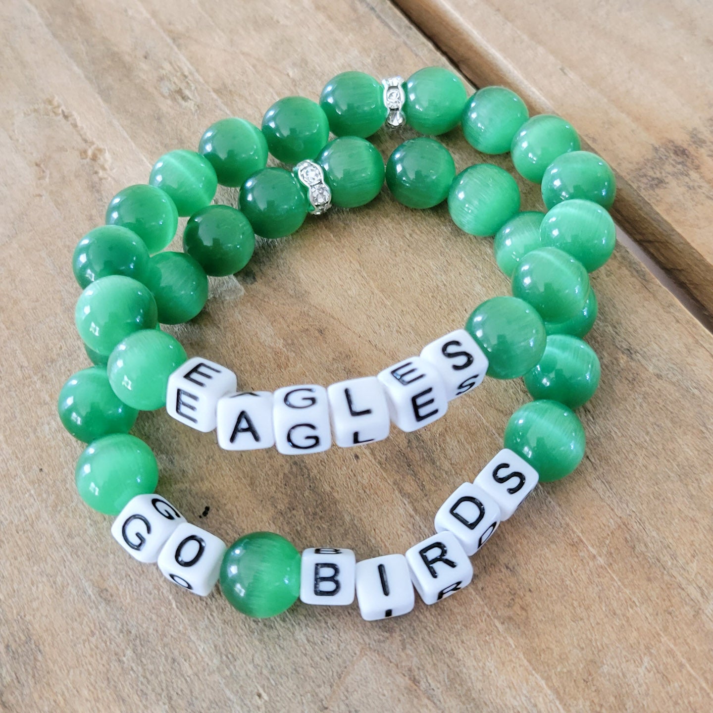 EAGLES GO BIRDS green tiger eye beads stretch bracelets