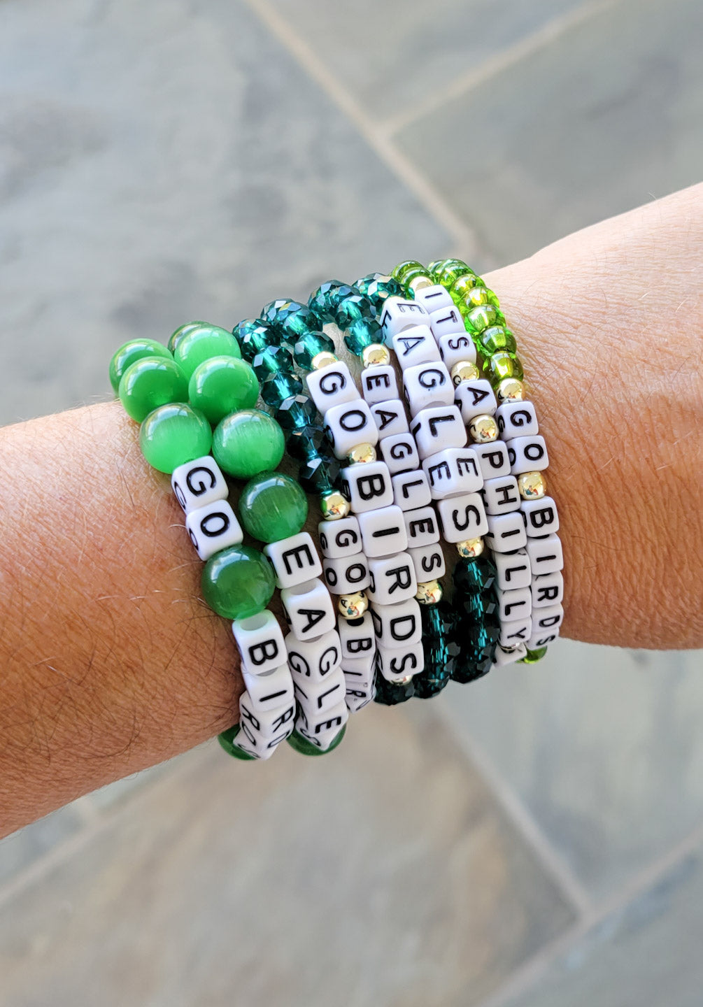 Eagles stretch friendship bracelets stacked