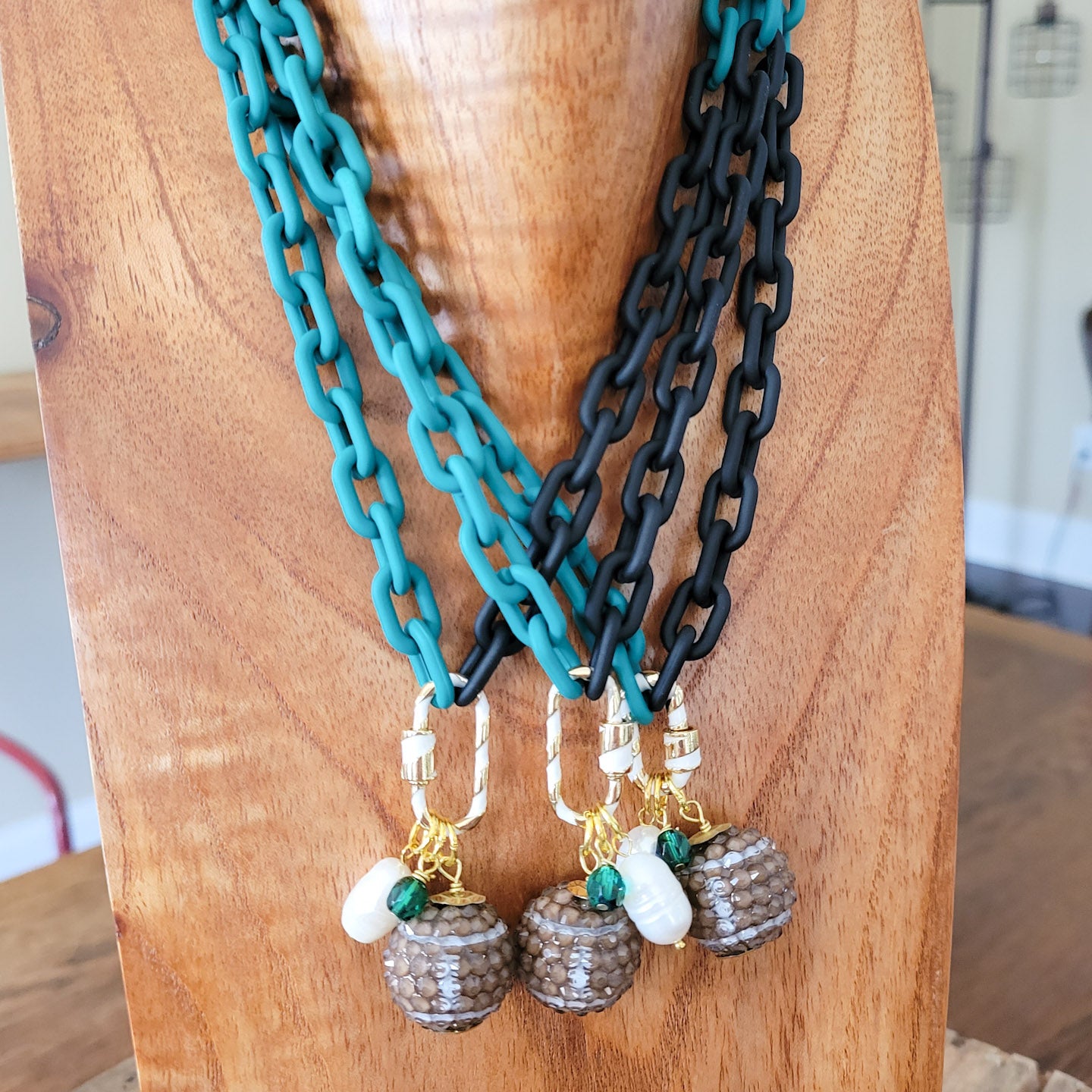 Fun EAGLES enamel football crystal freshwater pearl carabiner necklaces