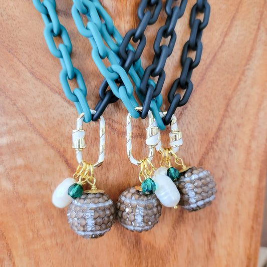 Fun EAGLES enamel football crystal freshwater pearl carabiner necklaces