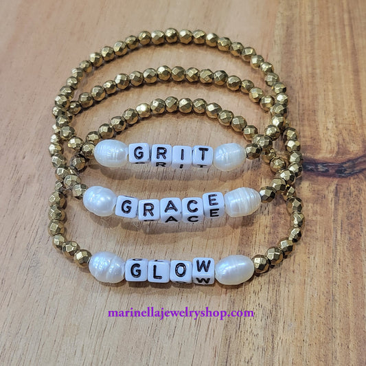 gold hematite, freshwater pearls and mini letter beads stretch bracelets