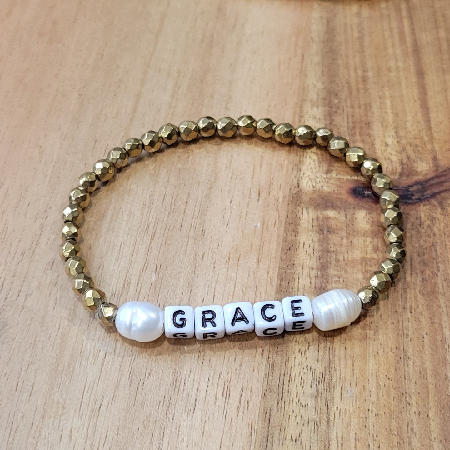 gold hematite, freshwater pearls and mini letter GRACE beads stretch bracelets