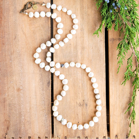 30" long freshwater & vintage bits necklace