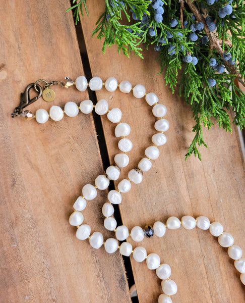 30" long freshwater & vintage bits necklace