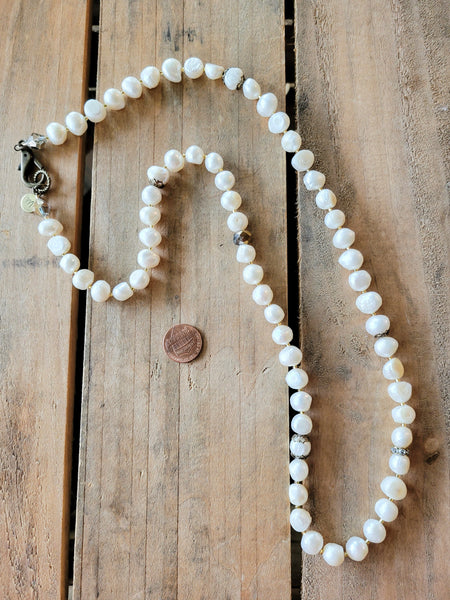 30" long freshwater & vintage bits necklace