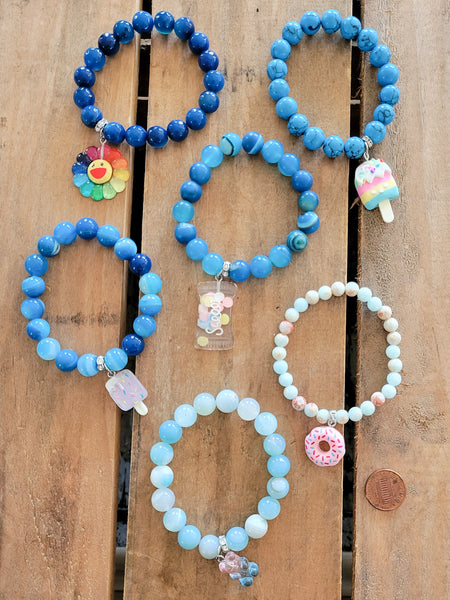 Blue gemstone beads fun charms stretch bracelets