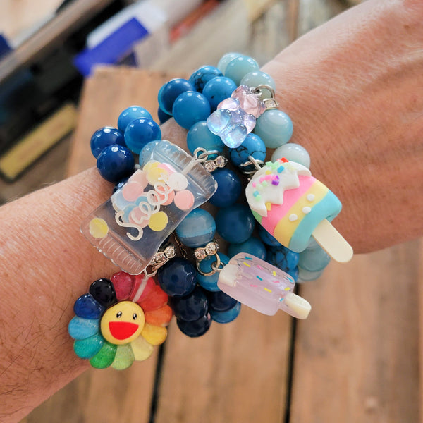 Blue gemstone beads fun charms stretch bracelets