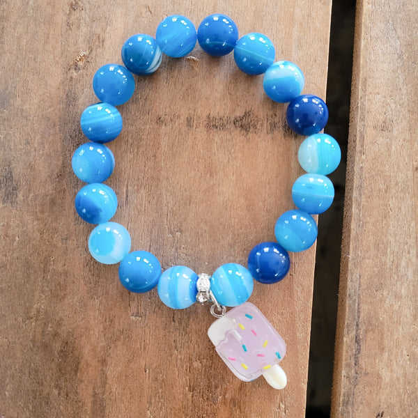 Blue agate beads ice pop charm stretch bracelet
