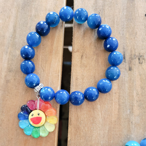 Blue agate beads rainbow flower charm stretch bracelet