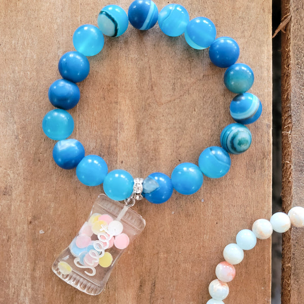Blue matte agate beads Sweets charm stretch bracelet