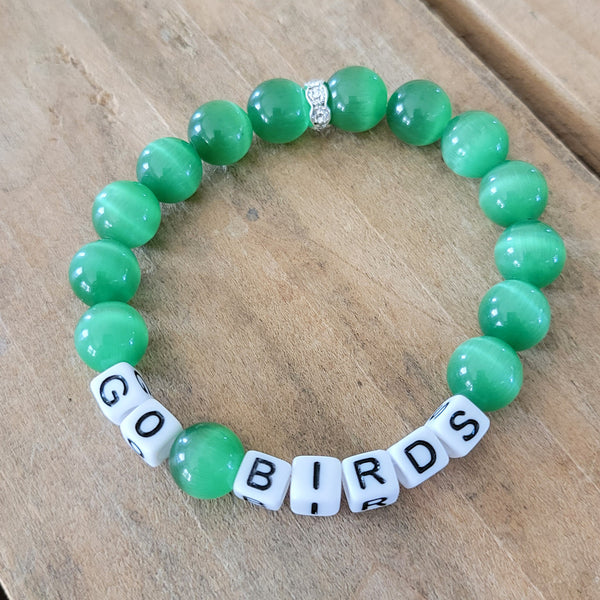 Go Birds letters green tiger eye beads stretch bracelet