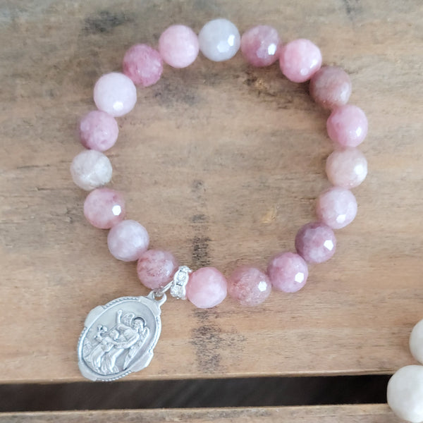 Guardian Angel pink quartz stretch bead bracelet