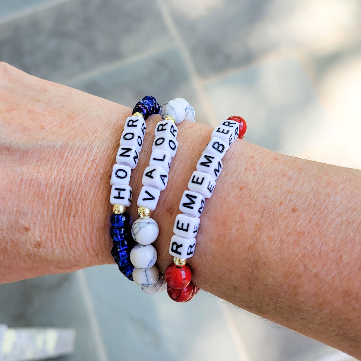 HONOR REMEMBER VALOR - Gemstone and Letter Beads Stretch Bracelets