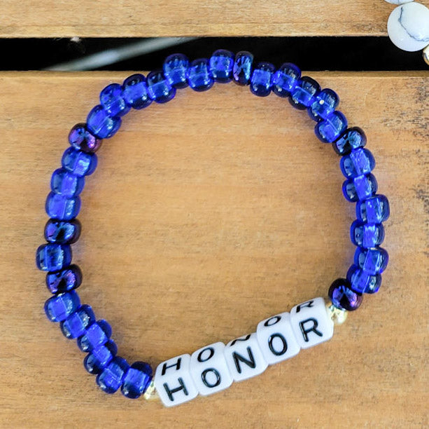 HONOR blue Czech & letter stretch bead bracelet