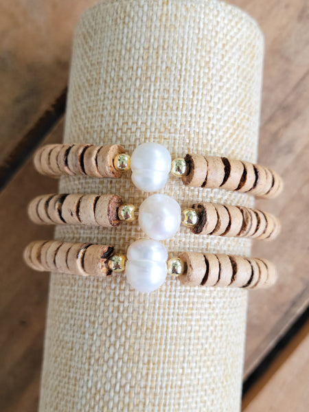 Tan Heishi beads freshwater pearls 14kt gold coated stretch bracelets