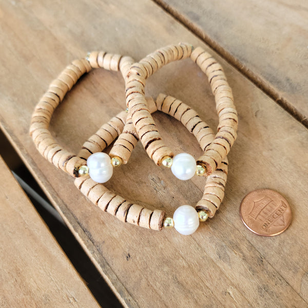 Tan Heishi beads freshwater pearls 14kt gold coated stretch bracelets