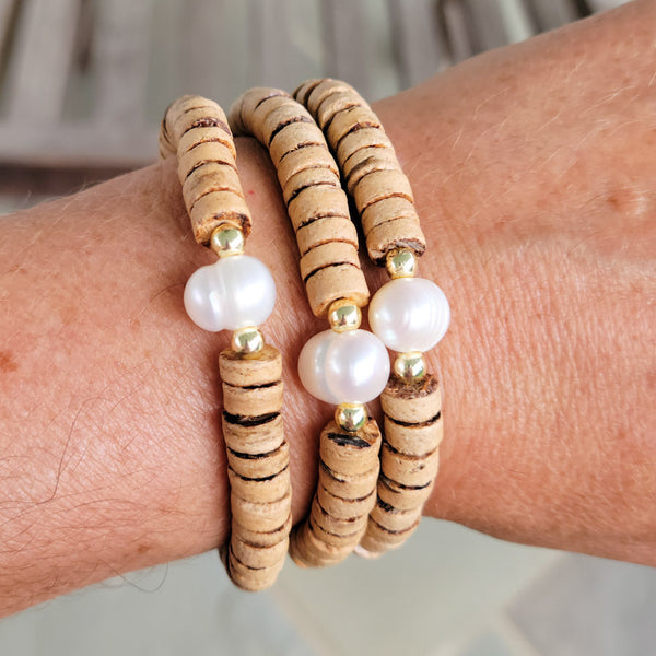 Tan Heishi beads freshwater pearls 14kt gold coated stretch bracelets