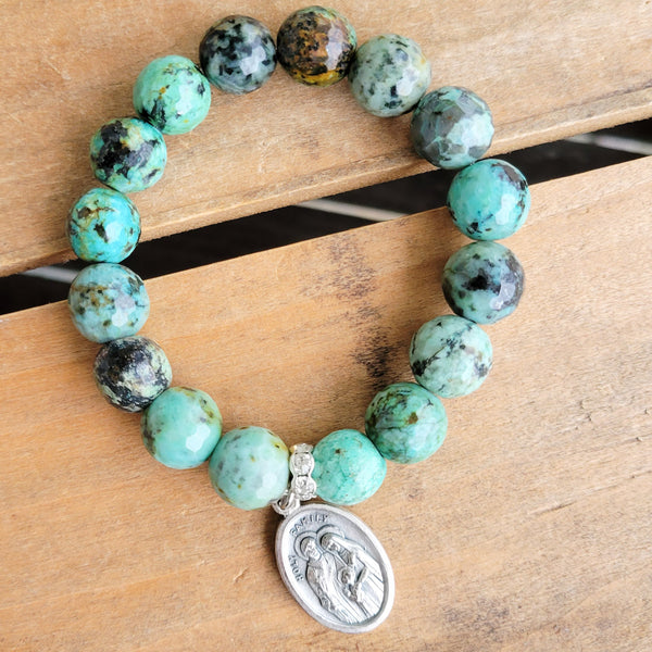 Turquoise agate beads Holy Family medal stretch bracelet