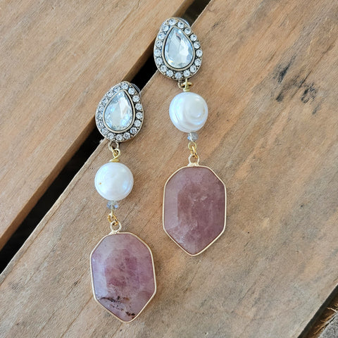 Rhinestone freshwater white round pearl and strawberry quartz earrings