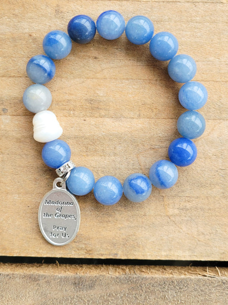 Madonna of the Grapes Medal smooth blue 12mm agate beads 1 freshwater pearl prayer bead stretch bracelet