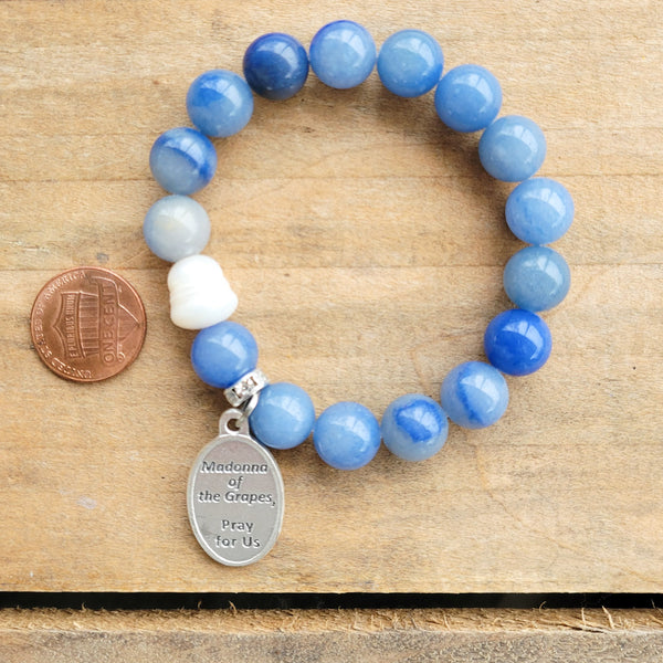 Madonna of the Grapes Medal smooth blue 12mm agate beads 1 freshwater pearl prayer bead stretch bracelet