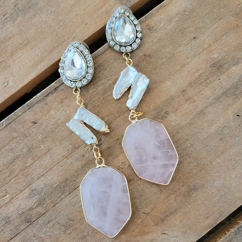 Rhinestone freshwater freeform pearls and rose quartz earrings