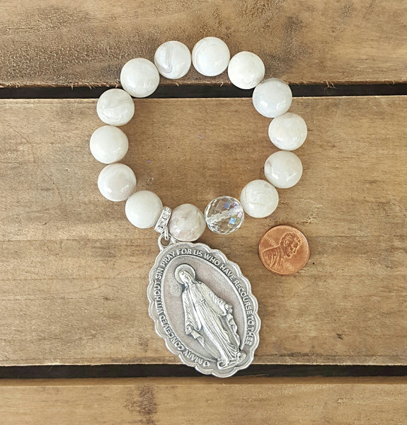 XL Miraculous Medal 14mm agate gemstone prayer bead stretch bracelet