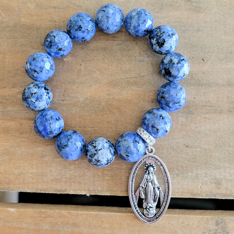 14mm Blue Kiwi JAsper beads 1.5" St. Mary medal stretch bracelet