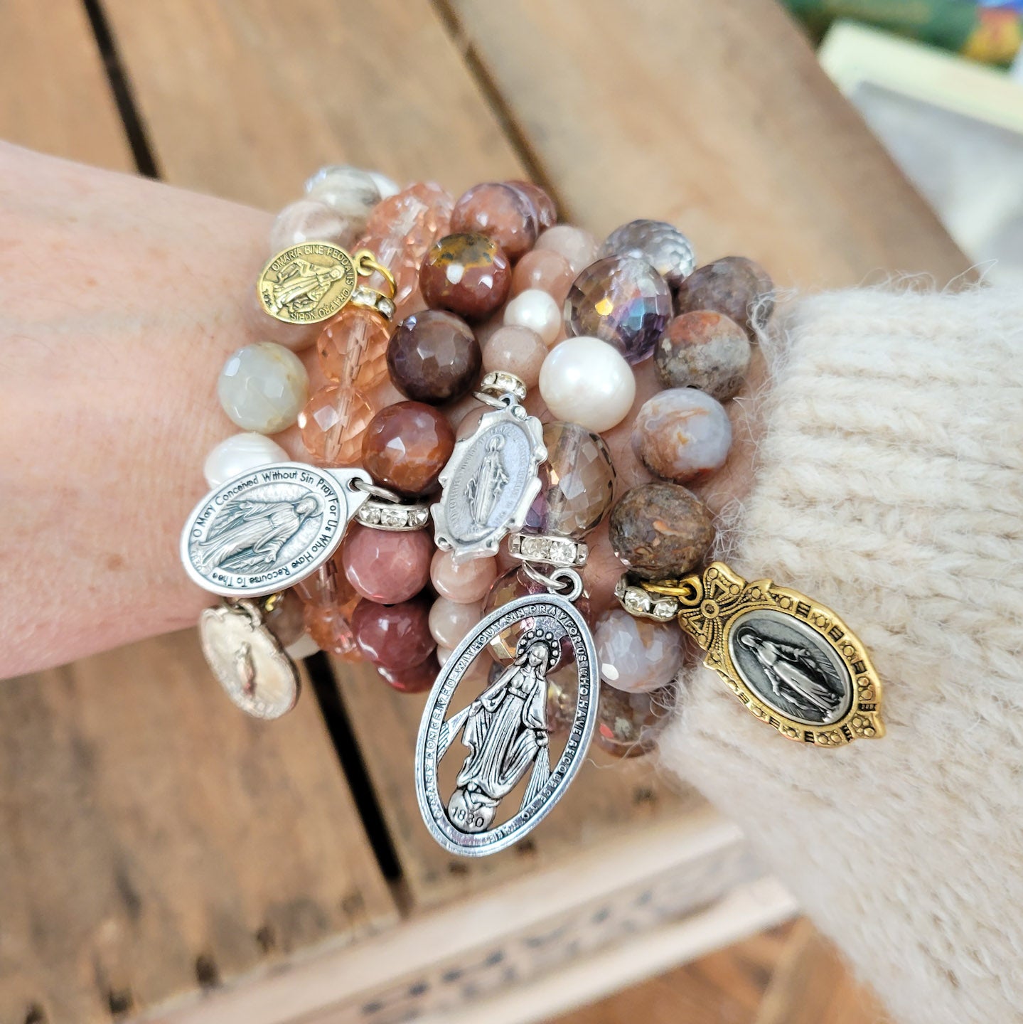 Miraculous medal dusty rose gemstone beads unique stretch bracelets