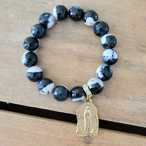 Our Lady of Lourdes gold French medal agate bead stretch bracelet bead