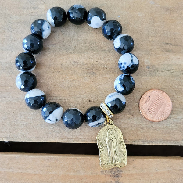 Our Lady of Lourdes gold French medal agate bead stretch bracelet bead