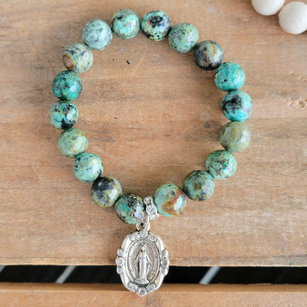 silver Miraculous Mary medal turquoise 10mm agate beads stretch bracelet