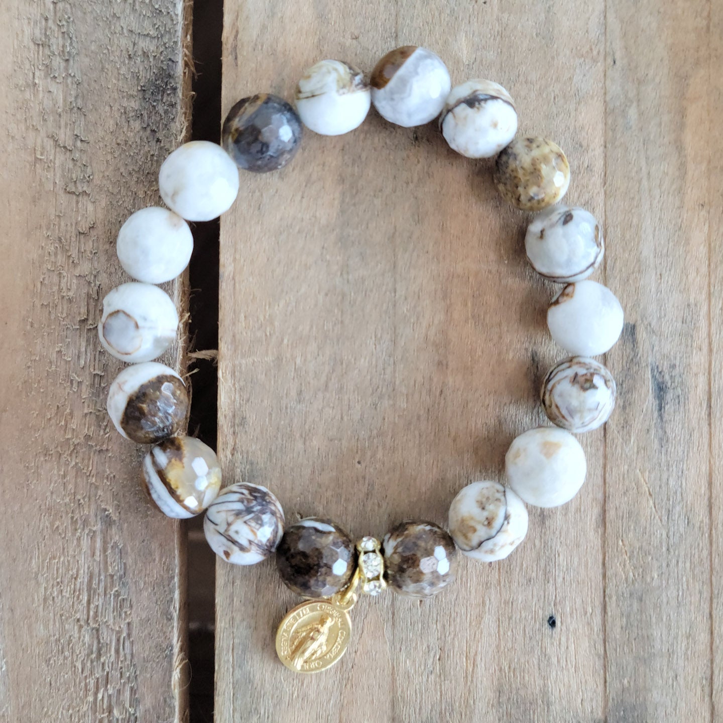 10mm swirled brown agate gemstone beads mini gold tone Miraculous Medal stretch bracelet