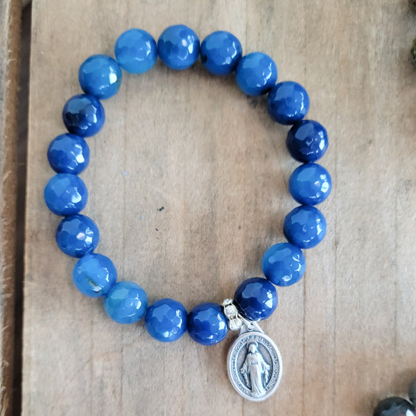 10mm cobalt blue agate gemstones Miraculous Medal stretch bracelet