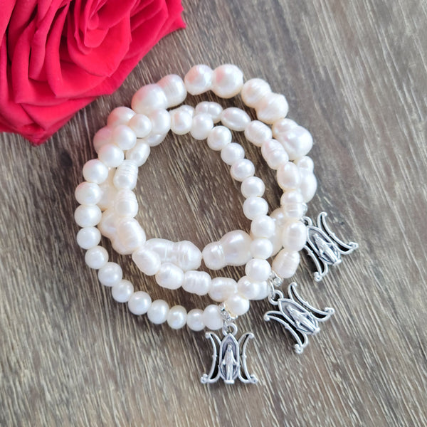 Potato, rice or peanut shaped freshwater pearls stretch bracelets with Miraculous M medal