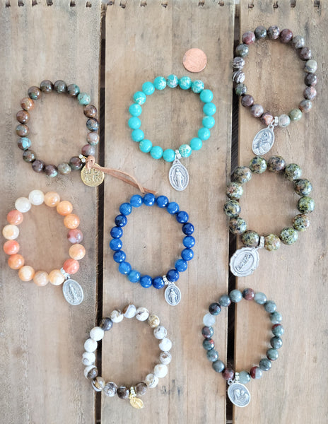 religious medals & gemstone beads stretch bracelets collection
