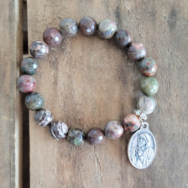 10mm jasper gemstones St. Teresa of Calcutta medal stretch bracelet