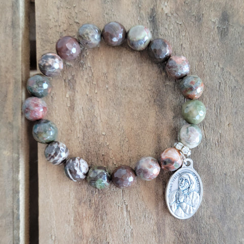 10mm jasper gemstones St. Teresa of Calcutta medal stretch bracelet
