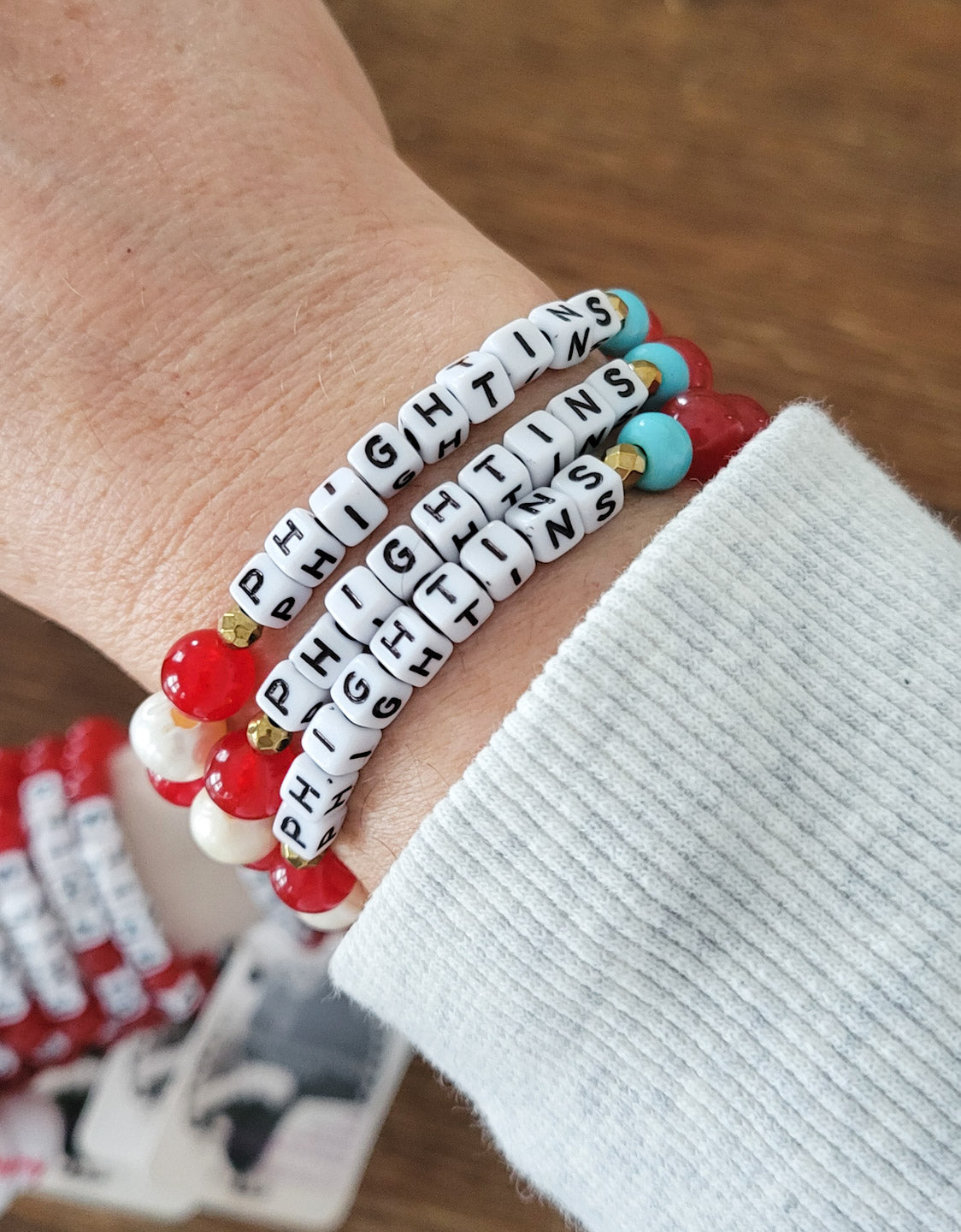 Phillies word stretch bracelets with freshwater pearls