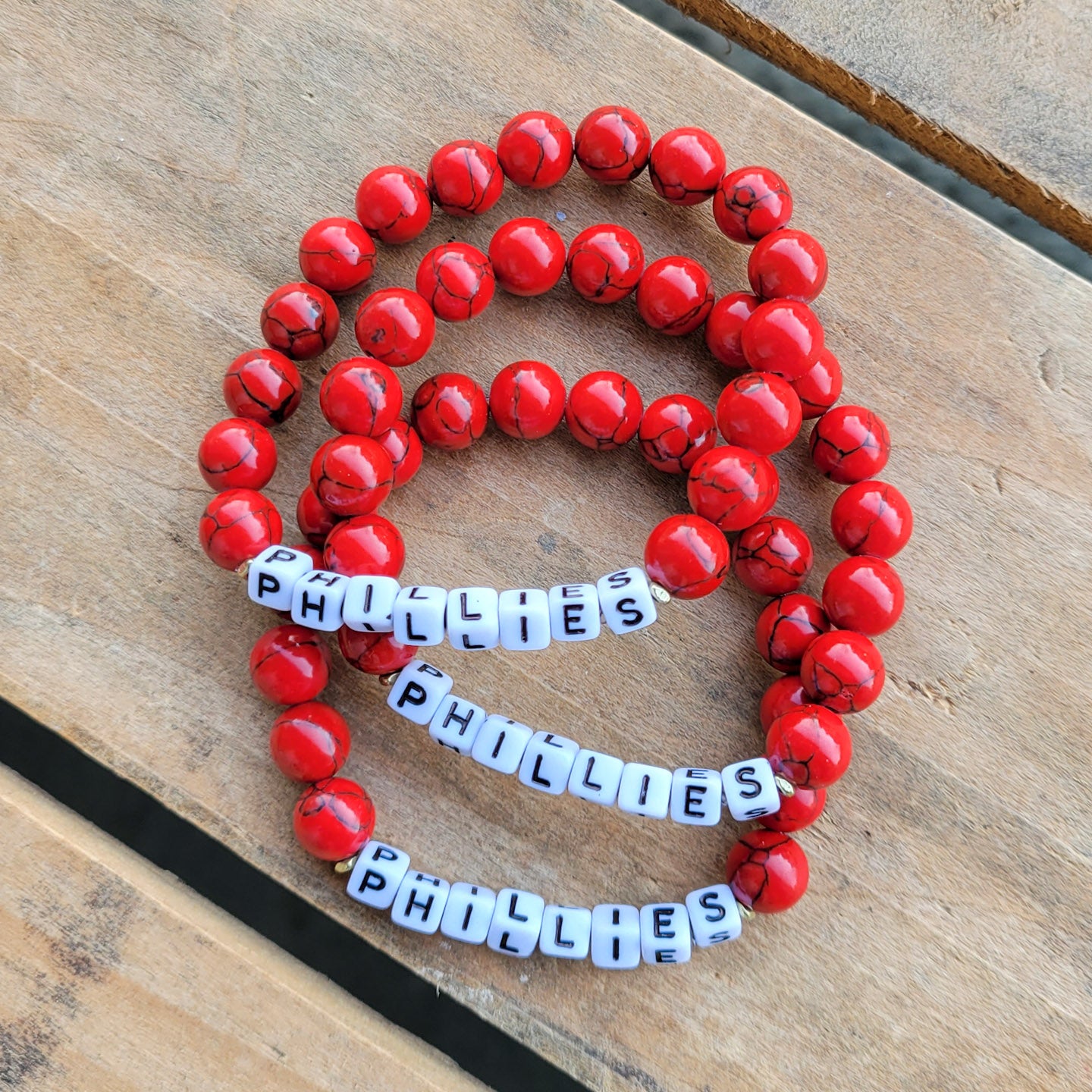red howlite beads mini PHILLIES letter beads stretch bracelet