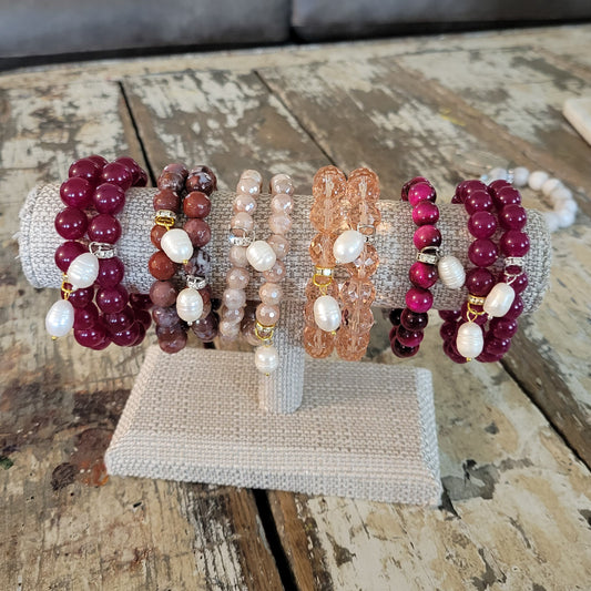 pink to magenta beads freshwater pearl dangles stretch bracelets