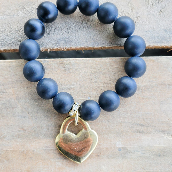12mm white matte black agate beads Large gold plated puffy heart charm stretch bracelet