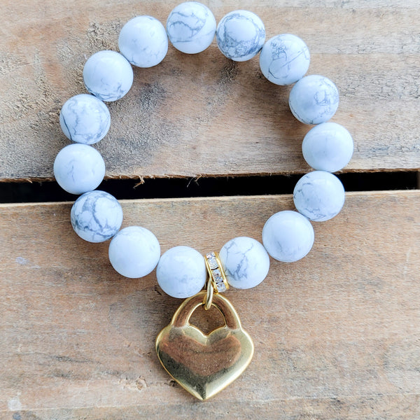 12mm white Howlite beads Large gold plated puffy heart charm stretch bracelet