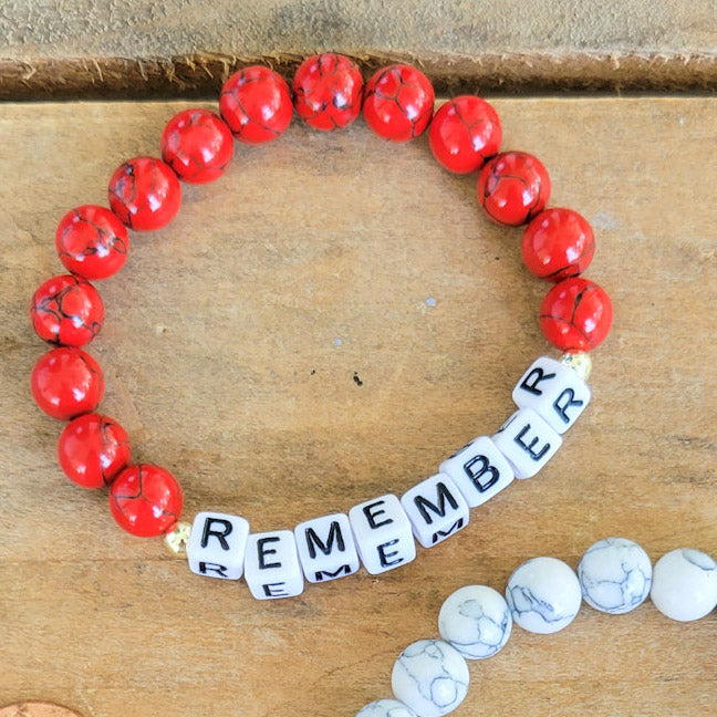 REMEMBER red howlite & letter stretch bead bracelet