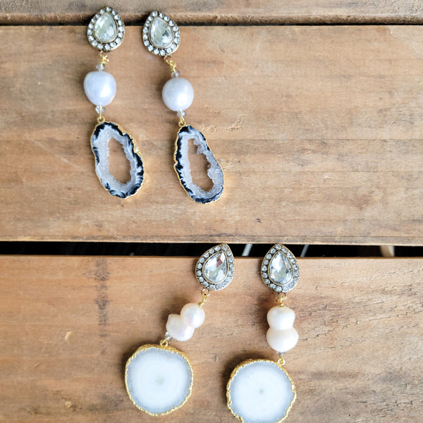 Rhinestone freshwater pearl druzy agate earrings