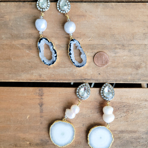 Rhinestone freshwater pearl druzy agate earrings