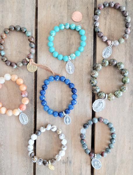 religious medasl gemstone beads stretch bracelet collection
