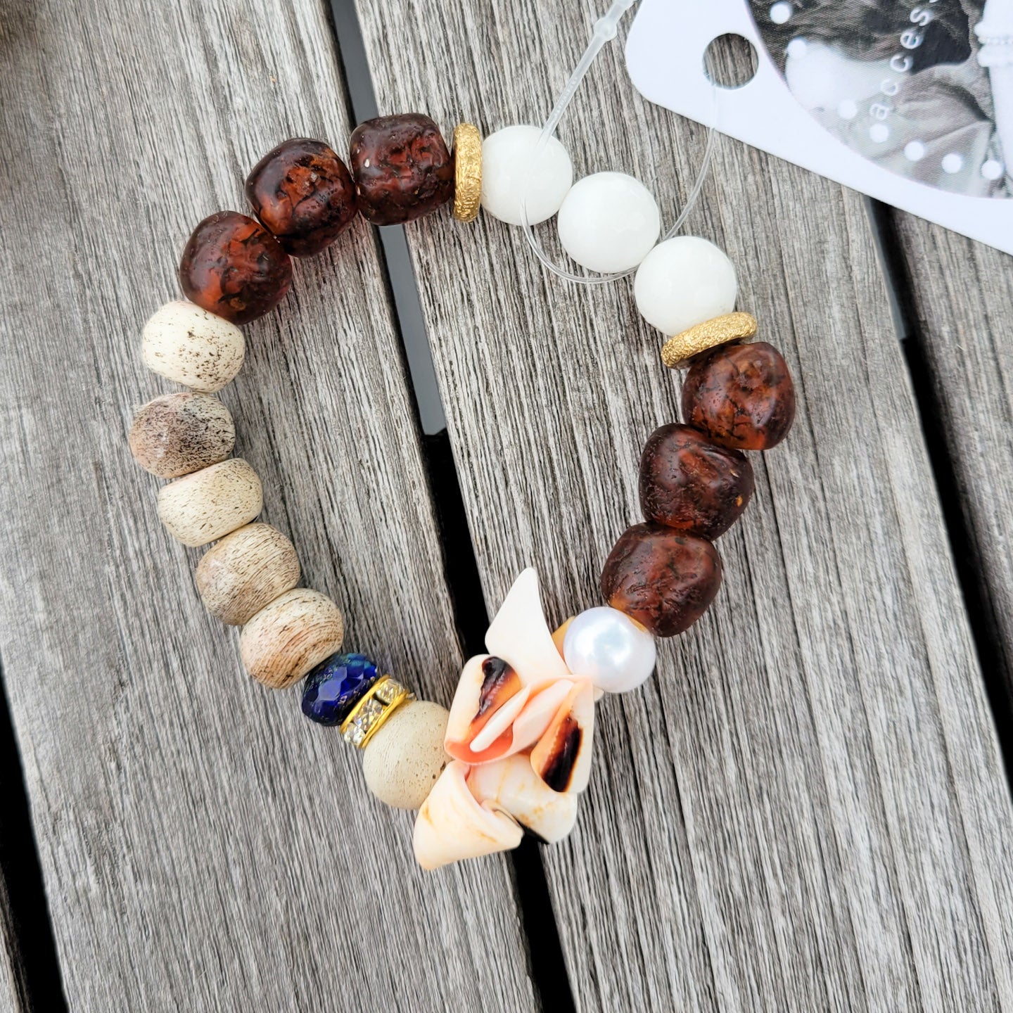 handmade glass brass bone shells stretch bracelet