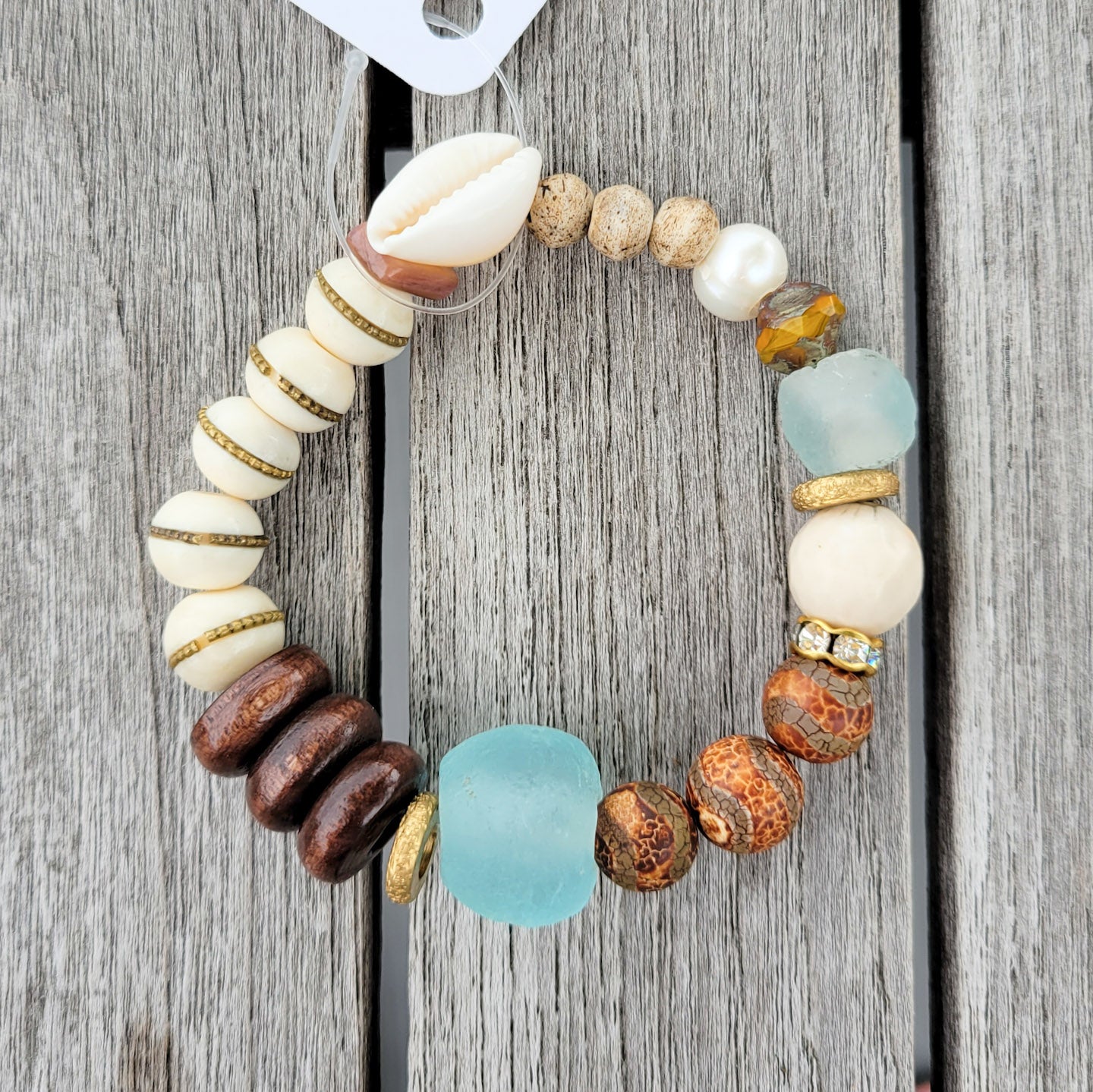 handmade glass brass bone crowlie freshwater pearl stretch bracelet